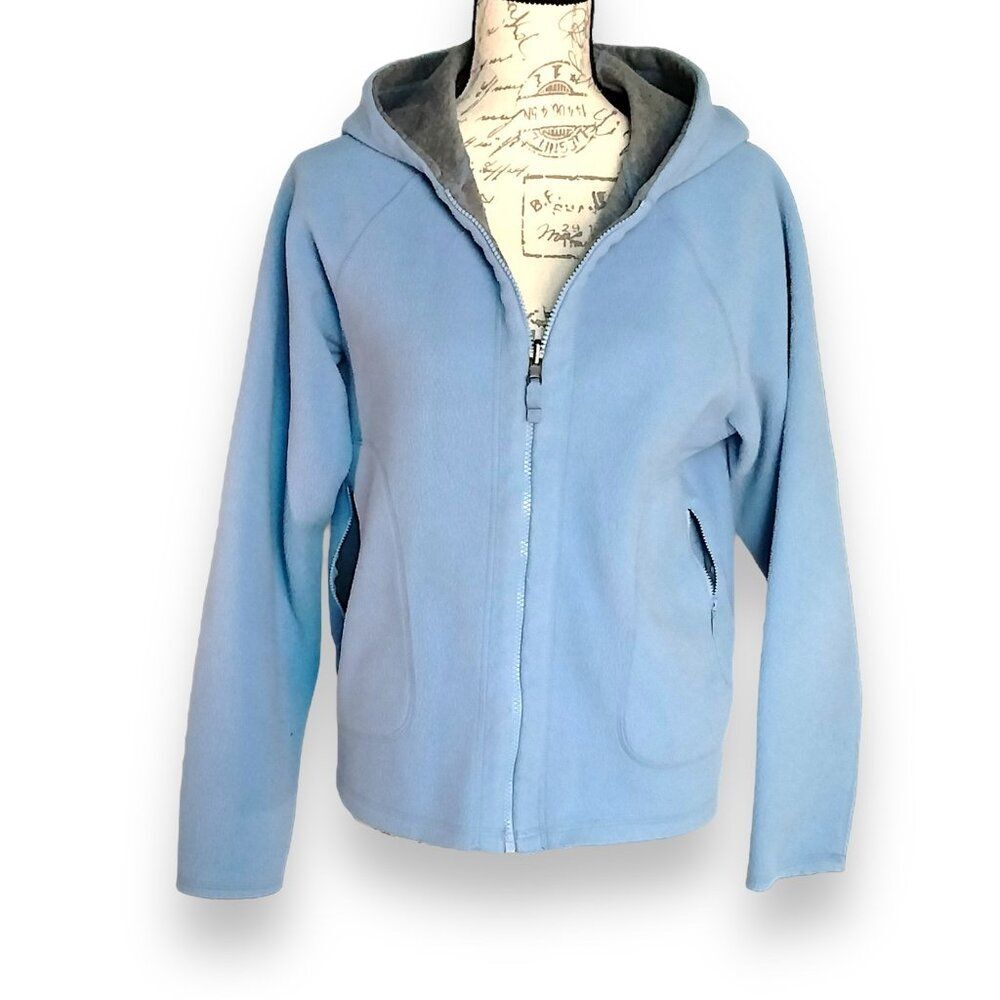 Eddie Bauer Blue Fleece Gray Jersey Reversible Hooded Jacket Ladies LARGE